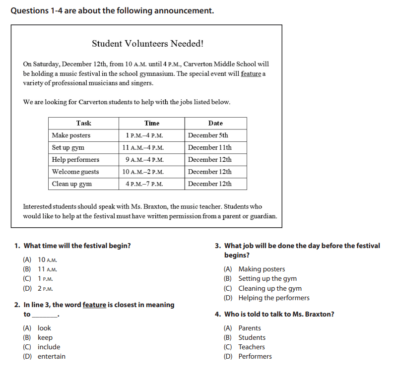 Câu hỏi mẫu phần Reading Comprehension Section